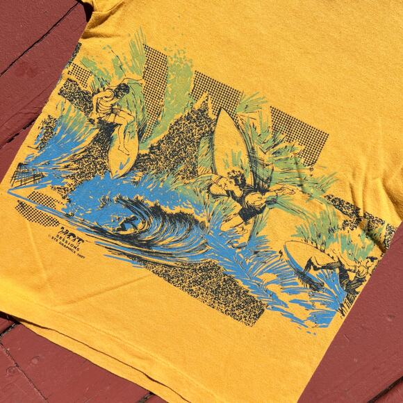 Vintage 80s Hot Sessions Surfing AOP T Shirt Yellow Blue Single Stitch Baby Tee - Picture 6 of 11